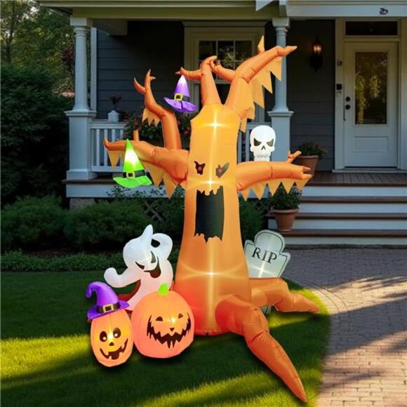 8 ft Halloween Inflatable Spooky Tree, with Ghosts Pumpkins Skull and Tombstone - Picture 6 of 7